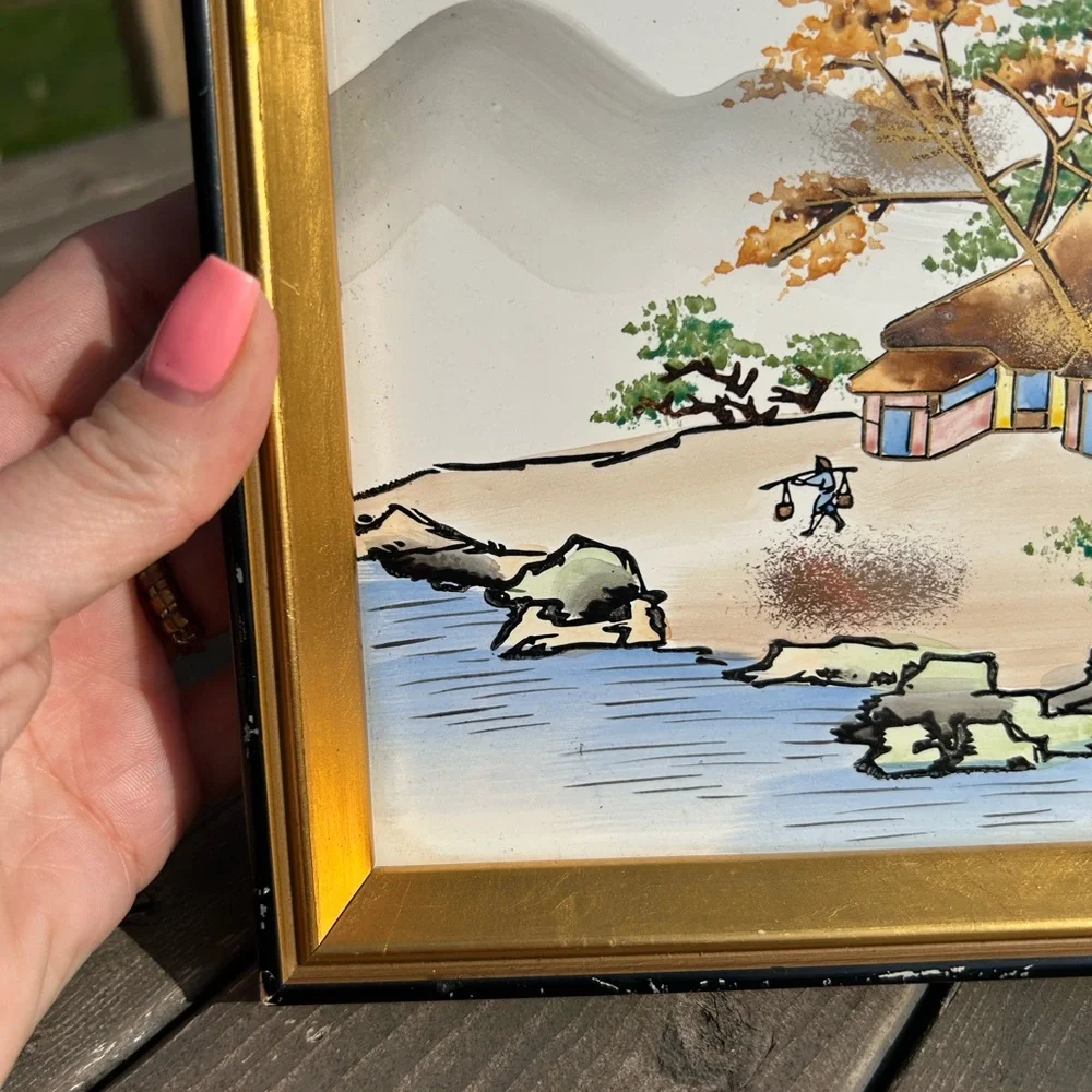 Vintage Japanese White w/ Black frame Landscape Water Fishing 7”x7” Japan - Picture 5 of 13